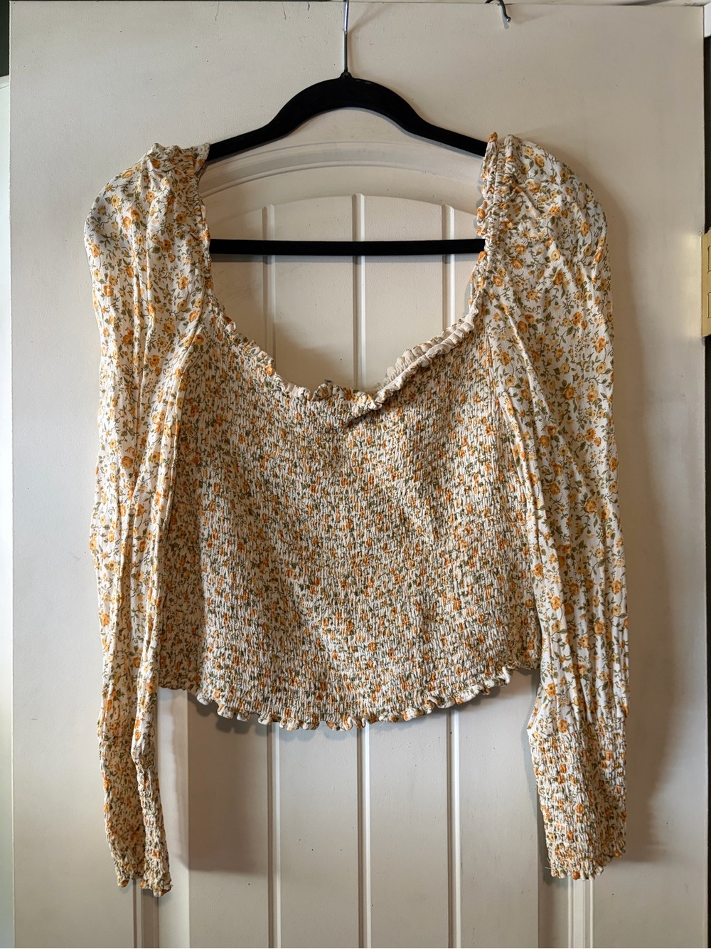 Reformation Women’s Floral Shirred Long-Sleeve Top in Cream and Mustard